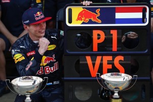 MONTMELO, SPAIN - MAY 15: Max Verstappen of Netherlands and Red Bull Racing with his pit board after winning his first F1 race during the Spanish Formula One Grand Prix at Circuit de Catalunya on May 15, 2016 in Montmelo, Spain. (Photo by Clive Mason/Getty Images)